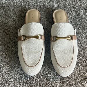 Marc Fisher Cream and Brown Horsebit Mules | Size 8